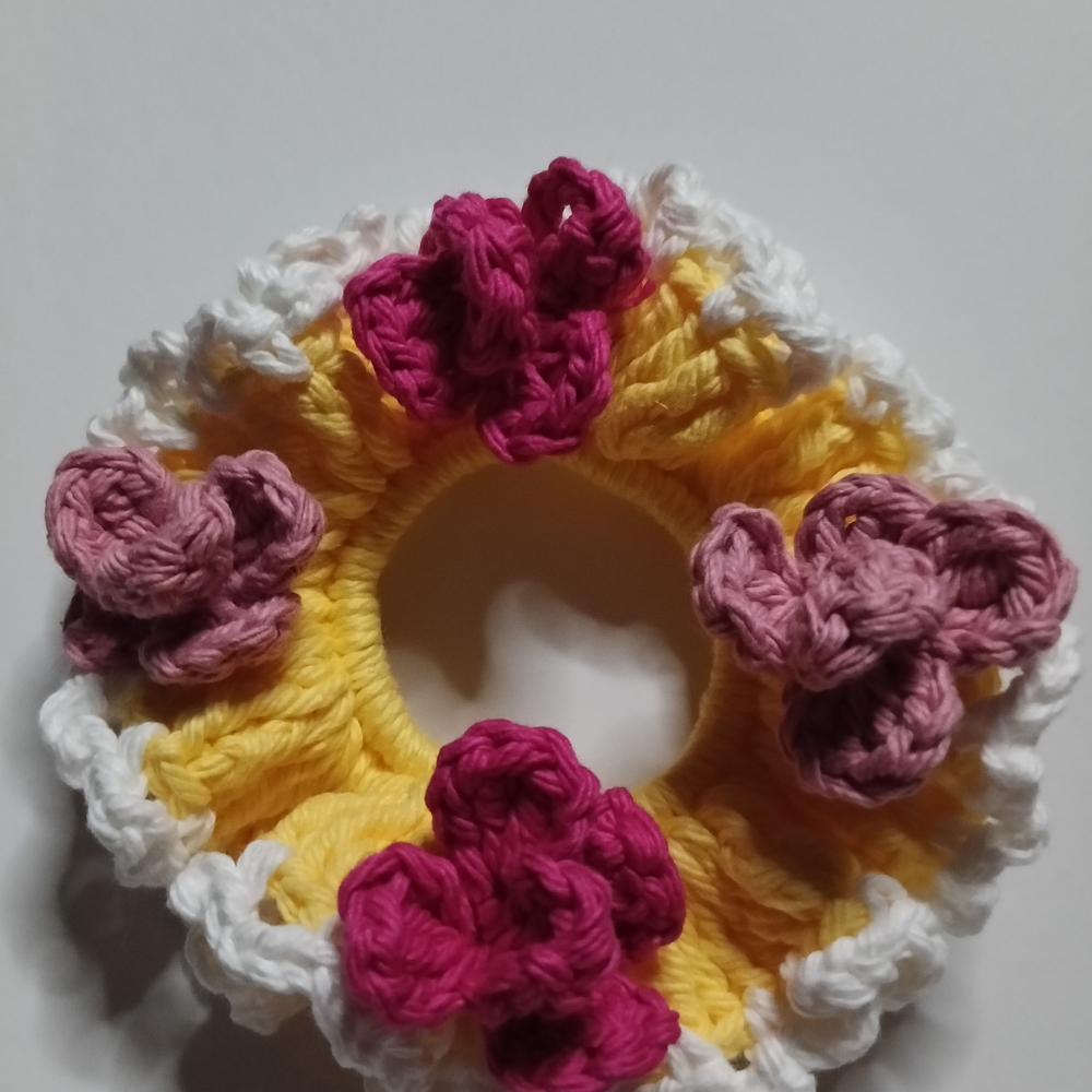 Handmade Yellow Crochet Floral Scrunchie